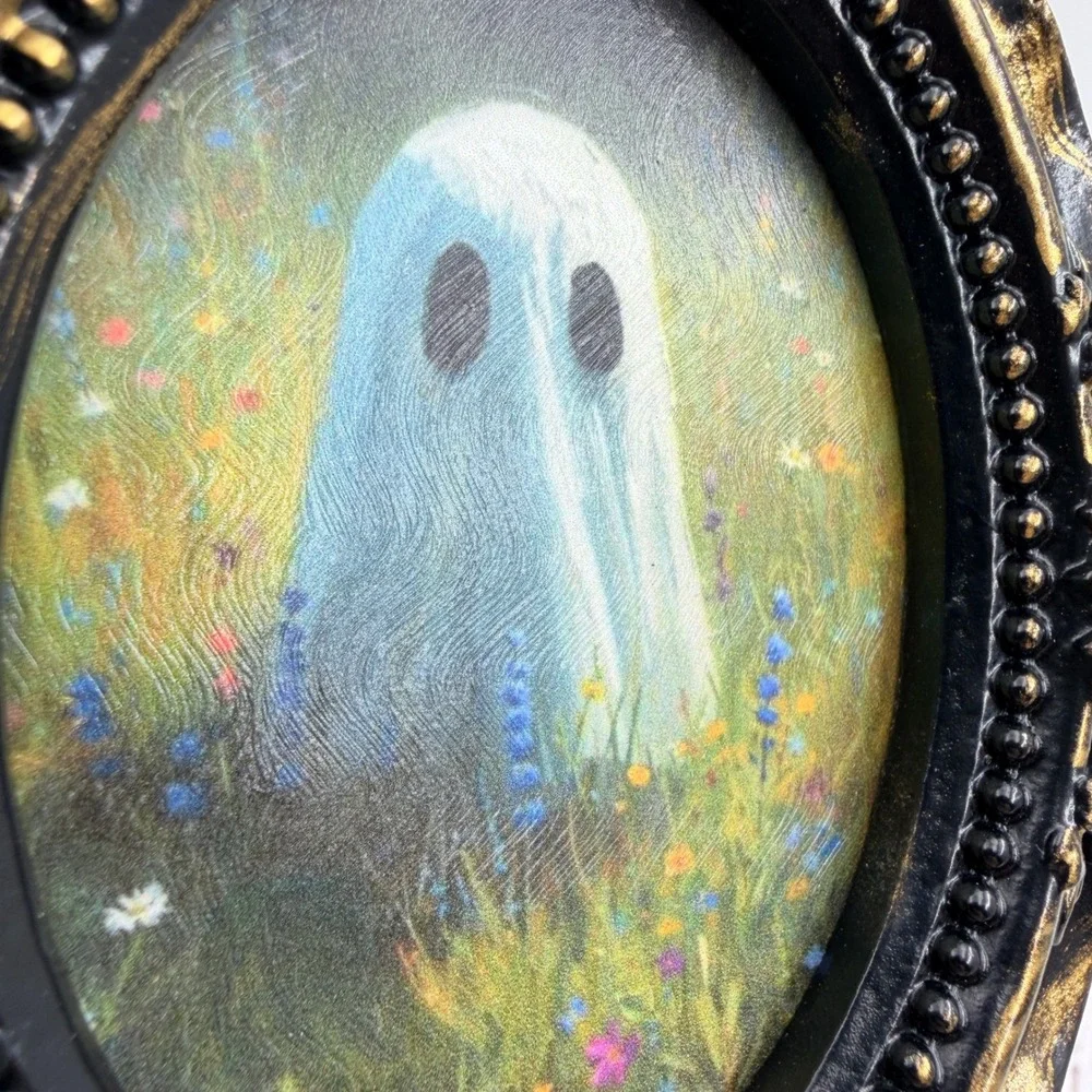 Ghost in Wildflower Field Decoupage Art Ornate Gold Black Resin Frame 4.5 inch